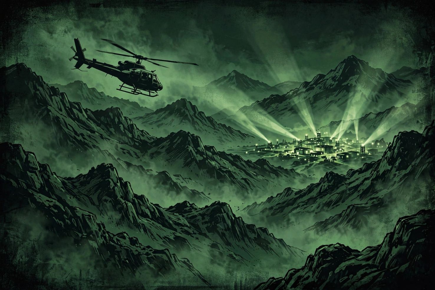 Tactical night-operation landscape in green night-vision tones with a helicopter silhouette over dark mountains.