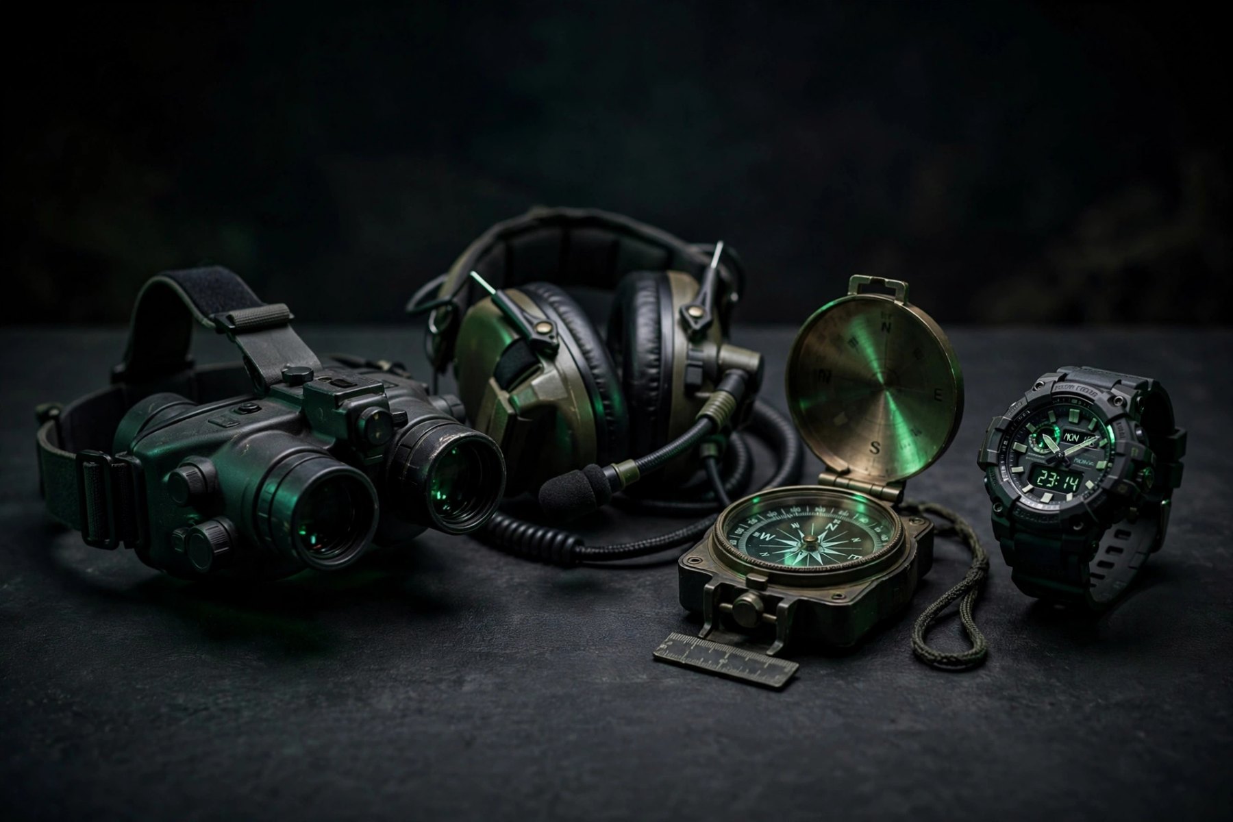 Tactical night-vision gear — goggles, radio headset, compass and field watch — arranged on a dark table with a green glow.
