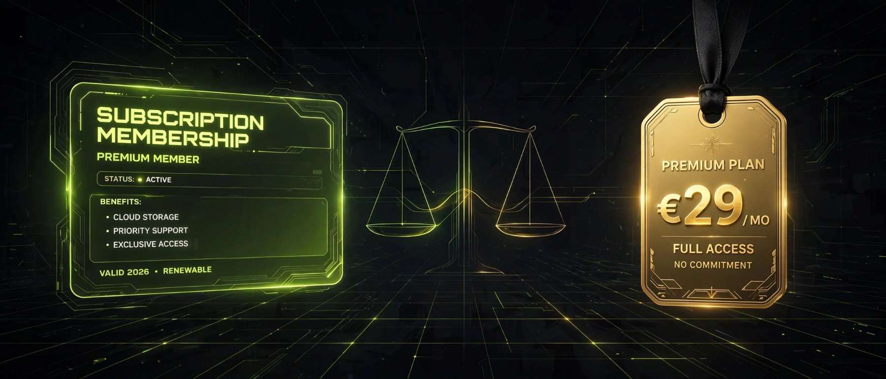 Concept visual of a glowing subscription card facing a premium price tag on a balance scale over neon grid lines.