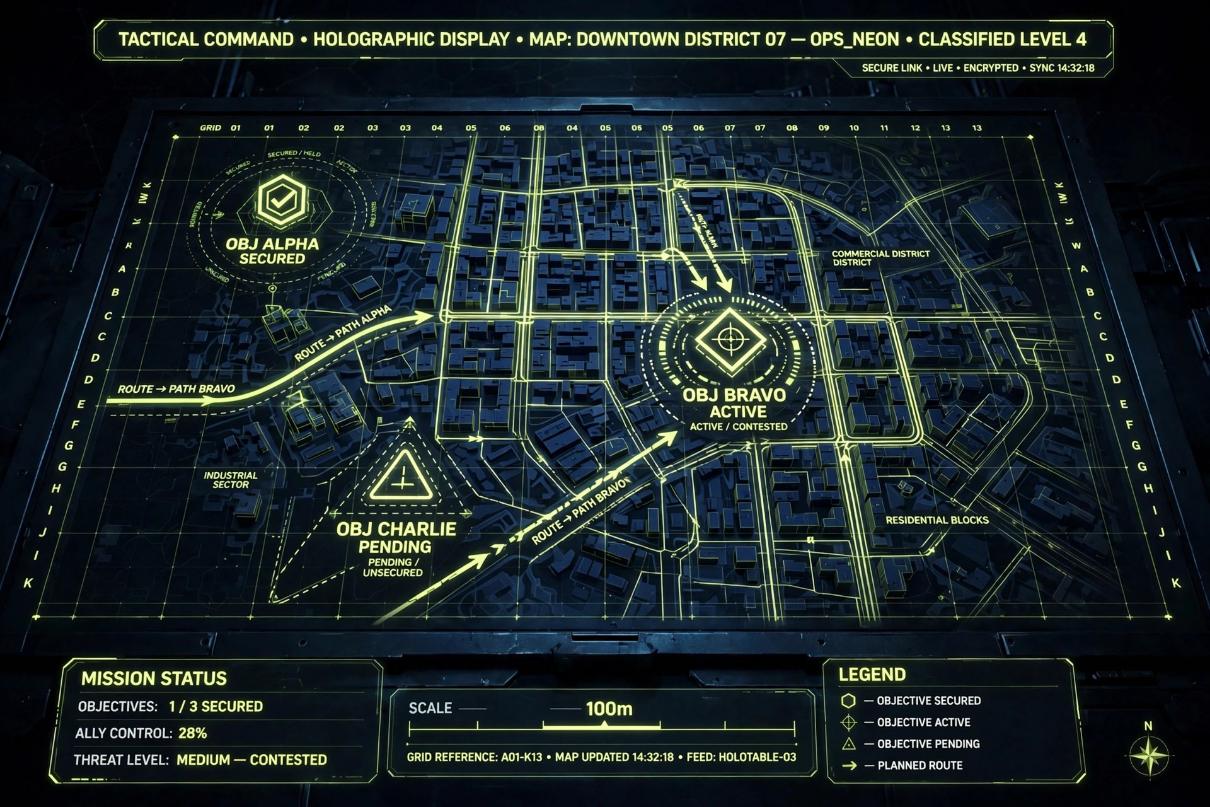 Top-down holographic tactical map with city blocks, objective zones, route arrows and grid coordinates in dark navy and lime green.