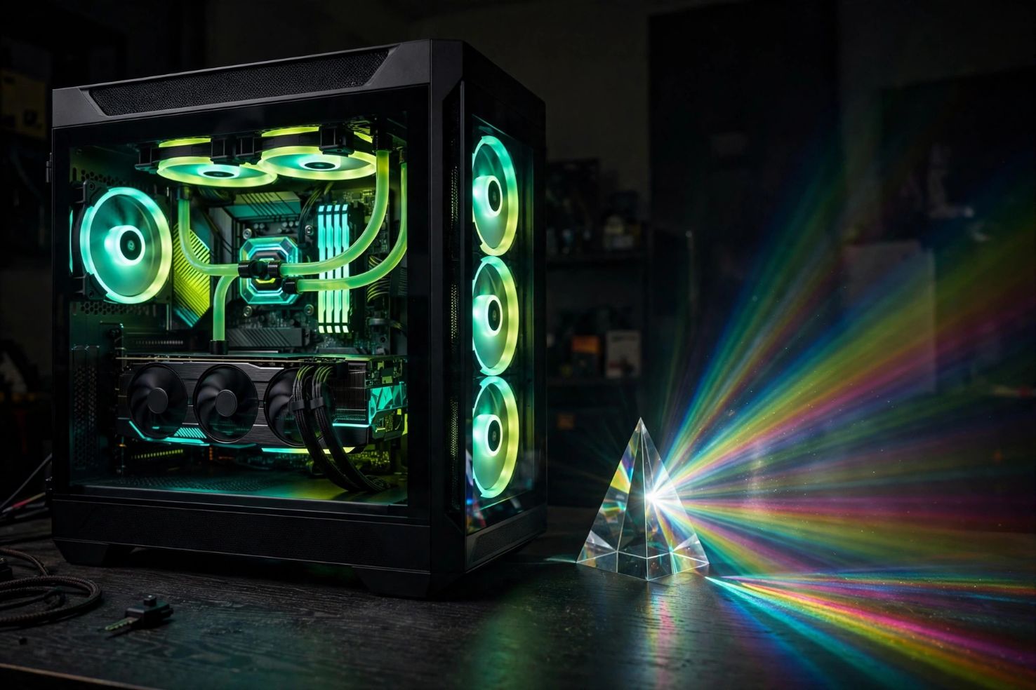 High-end gaming PC with a glass side panel and lime-teal lighting, light refracting through a glass prism.