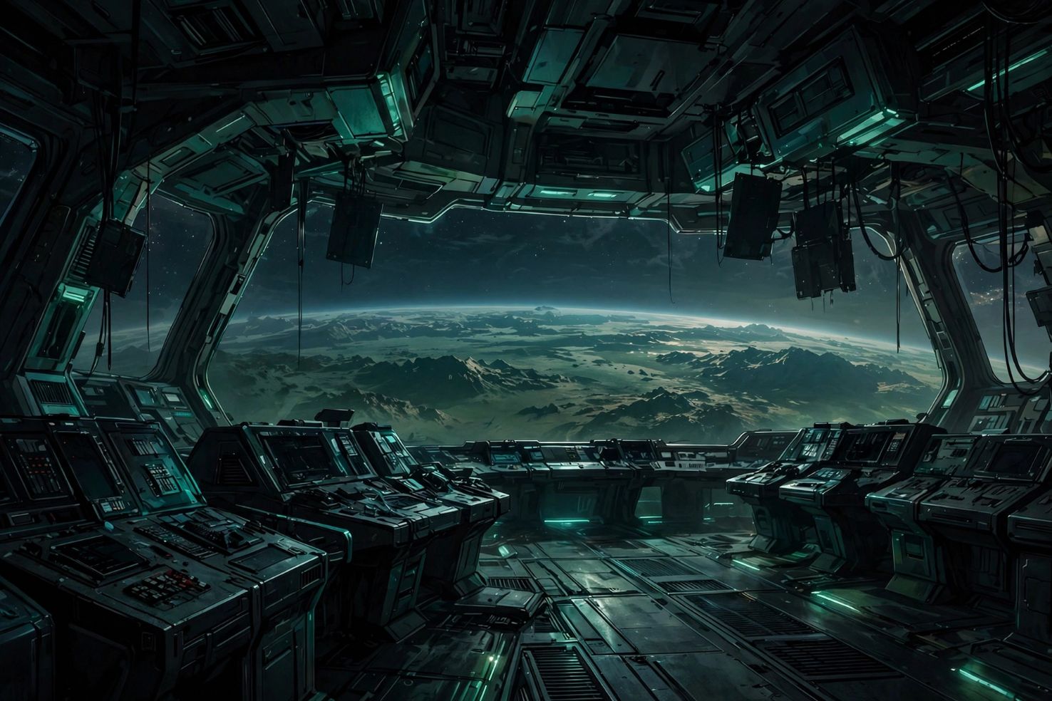 An empty starship bridge overlooking a planet below, lit in dark teal tones.