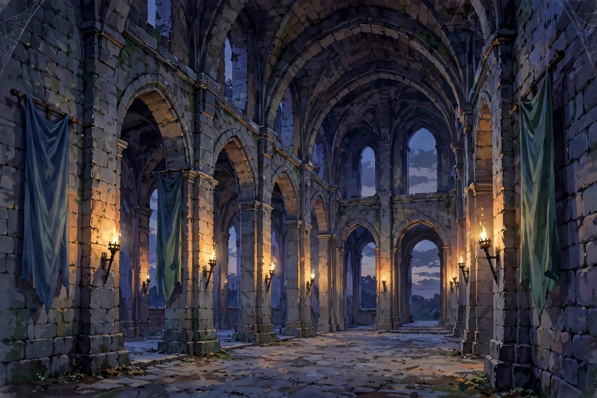 An empty medieval fantasy citadel hall at dusk, with tall stone arches and still banners.