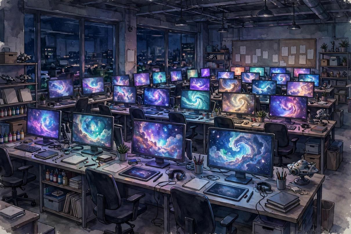 An empty game development studio office at night, rows of desks with monitors showing nebula artwork.