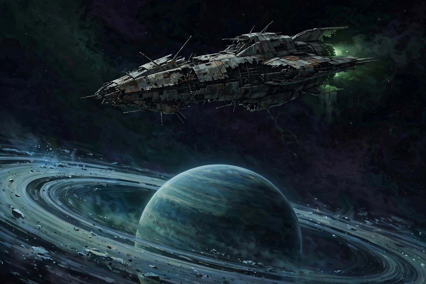 A lone derelict spaceship drifting above a ringed planet in dark space.