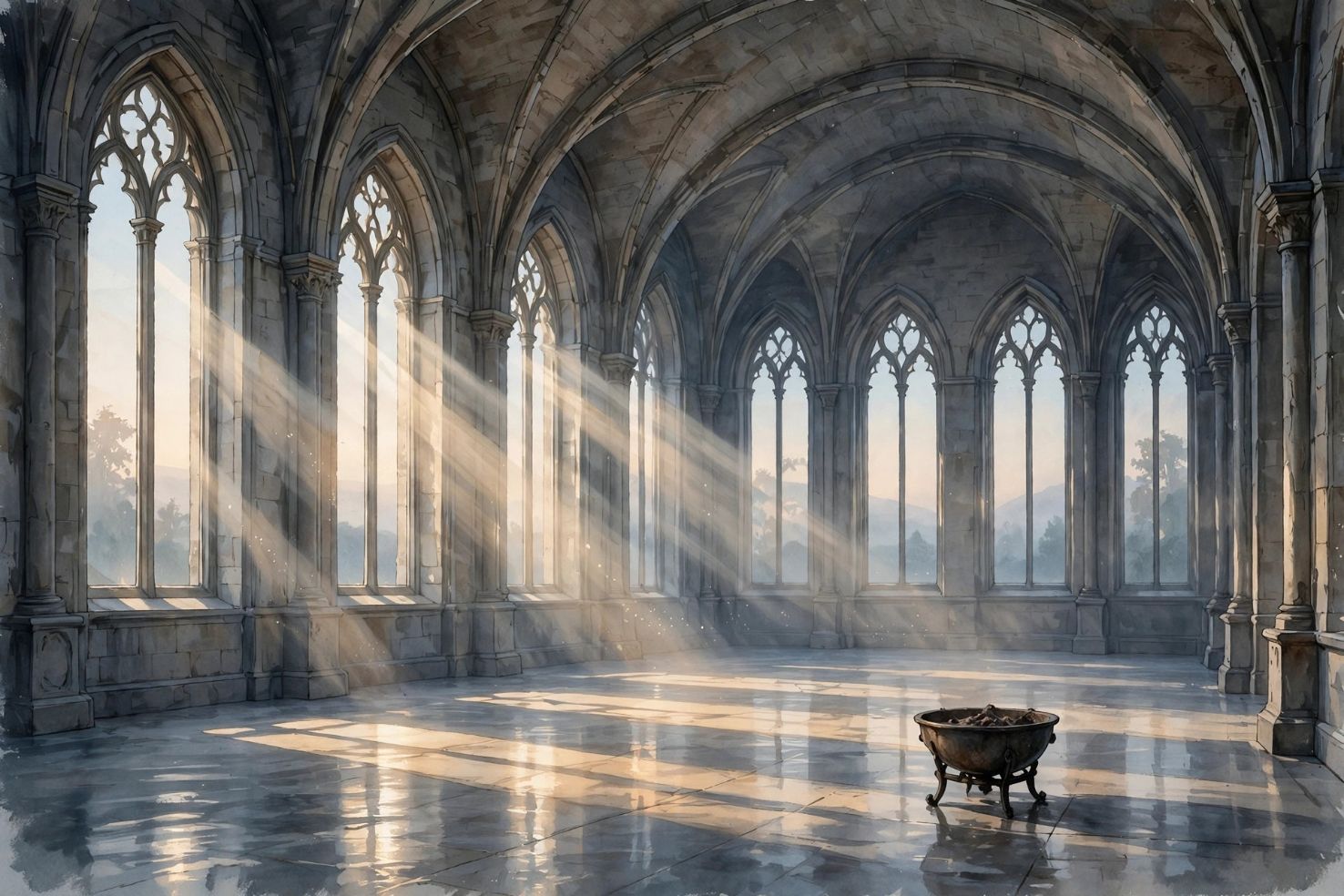 A quiet empty grand hall with tall arched windows, pale dawn light on a polished stone floor.