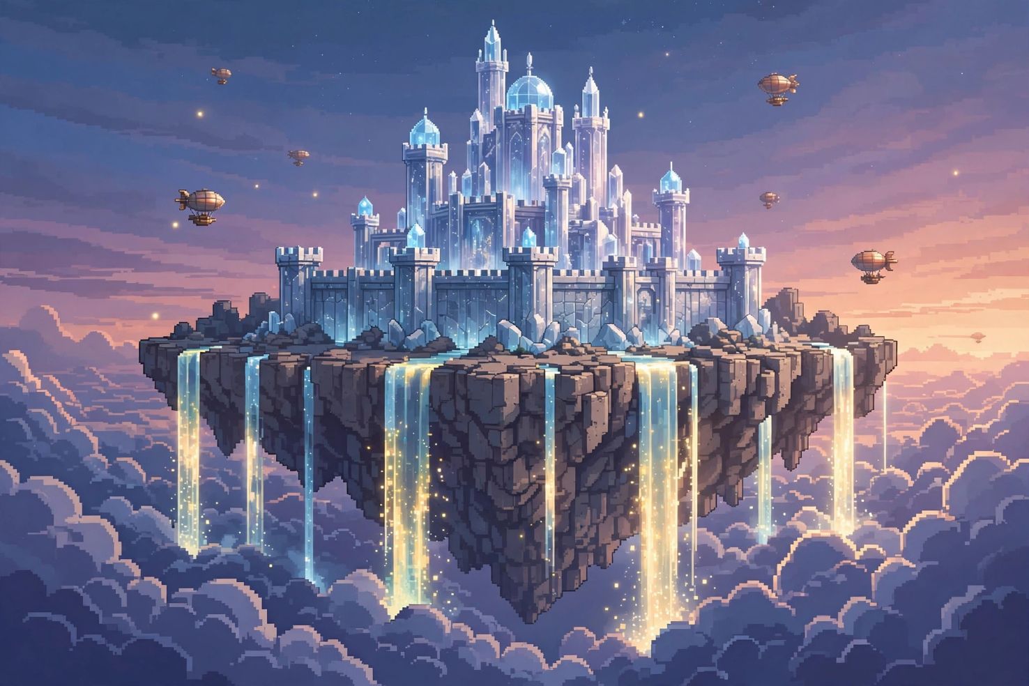 HD-2D pixel-art landscape with a crystal castle on a floating island above pixelated clouds at dusk.