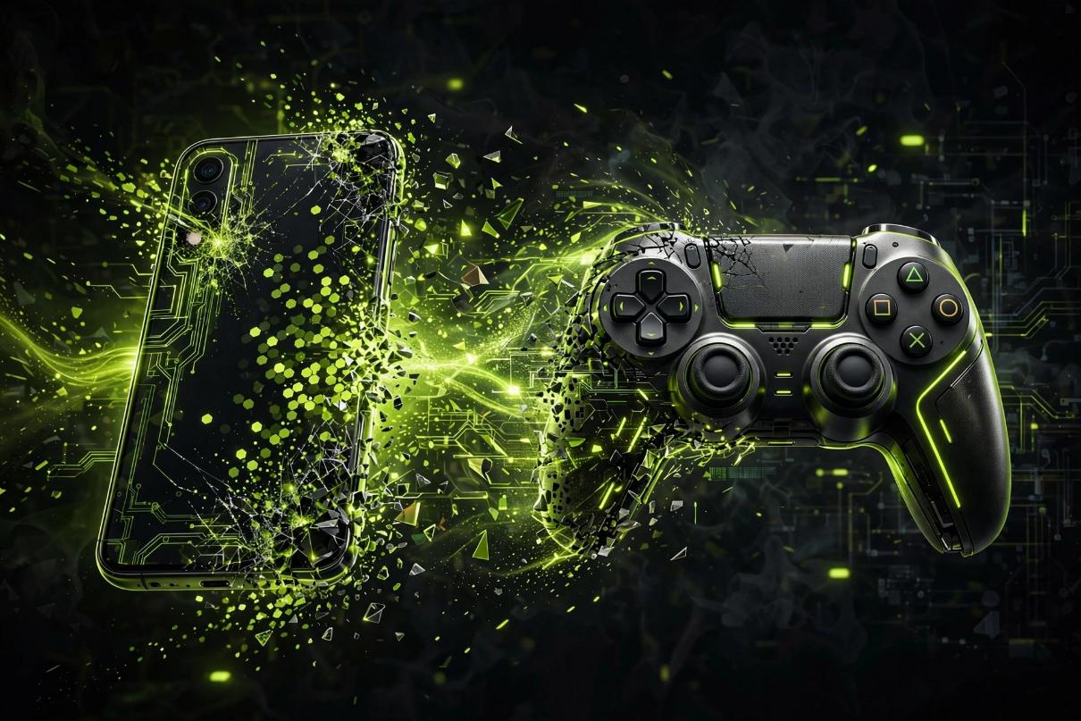 Illustrative AI-generated smartphone transforming into a game controller