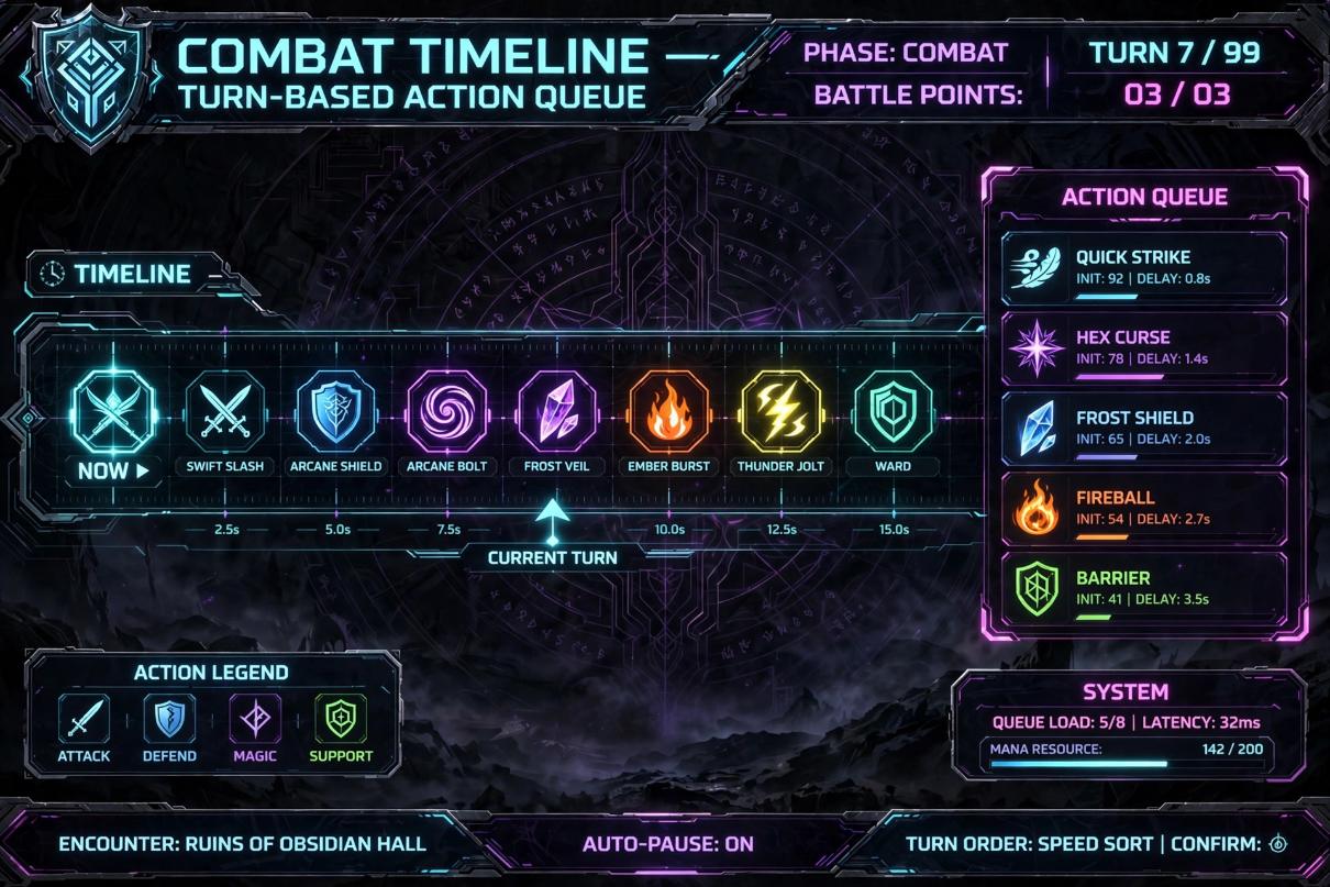 Illustrative AI-generated turn-based combat timeline UI visualization