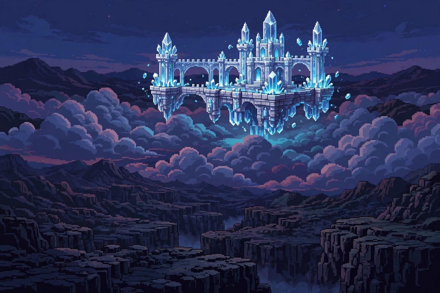 Illustrative AI-generated HD-2D pixel-art floating crystal castle above pixelated clouds