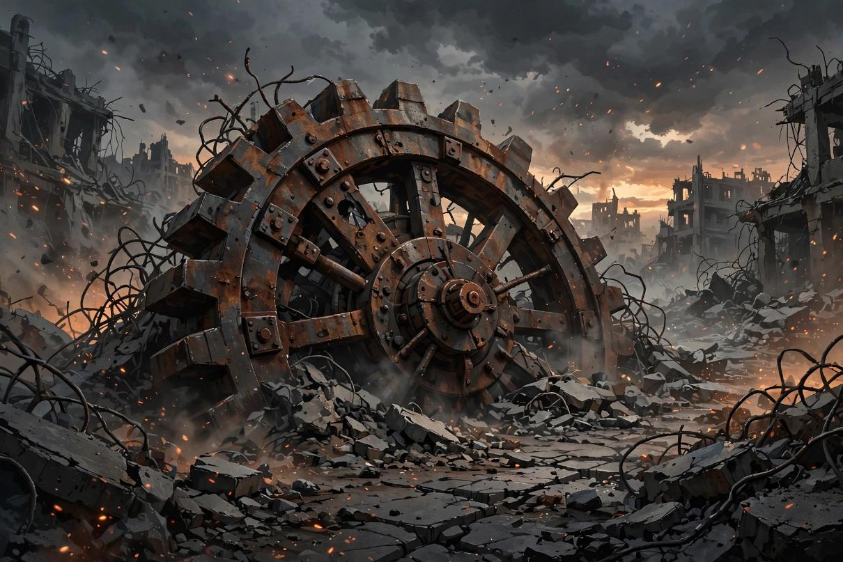 A colossal rusted mechanical cog half-buried in a ruined city street at dawn, with broken buildings behind it.