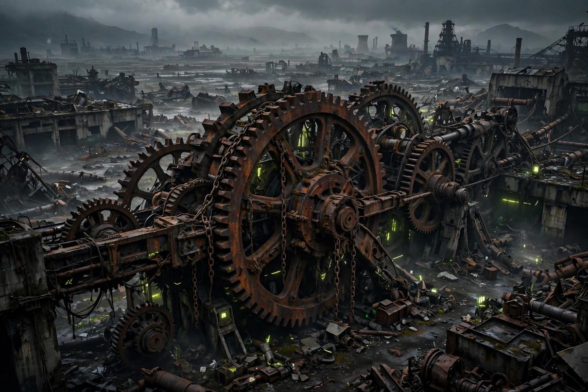 A colossal rusted mechanical cog half-buried in a ruined city street at dawn.