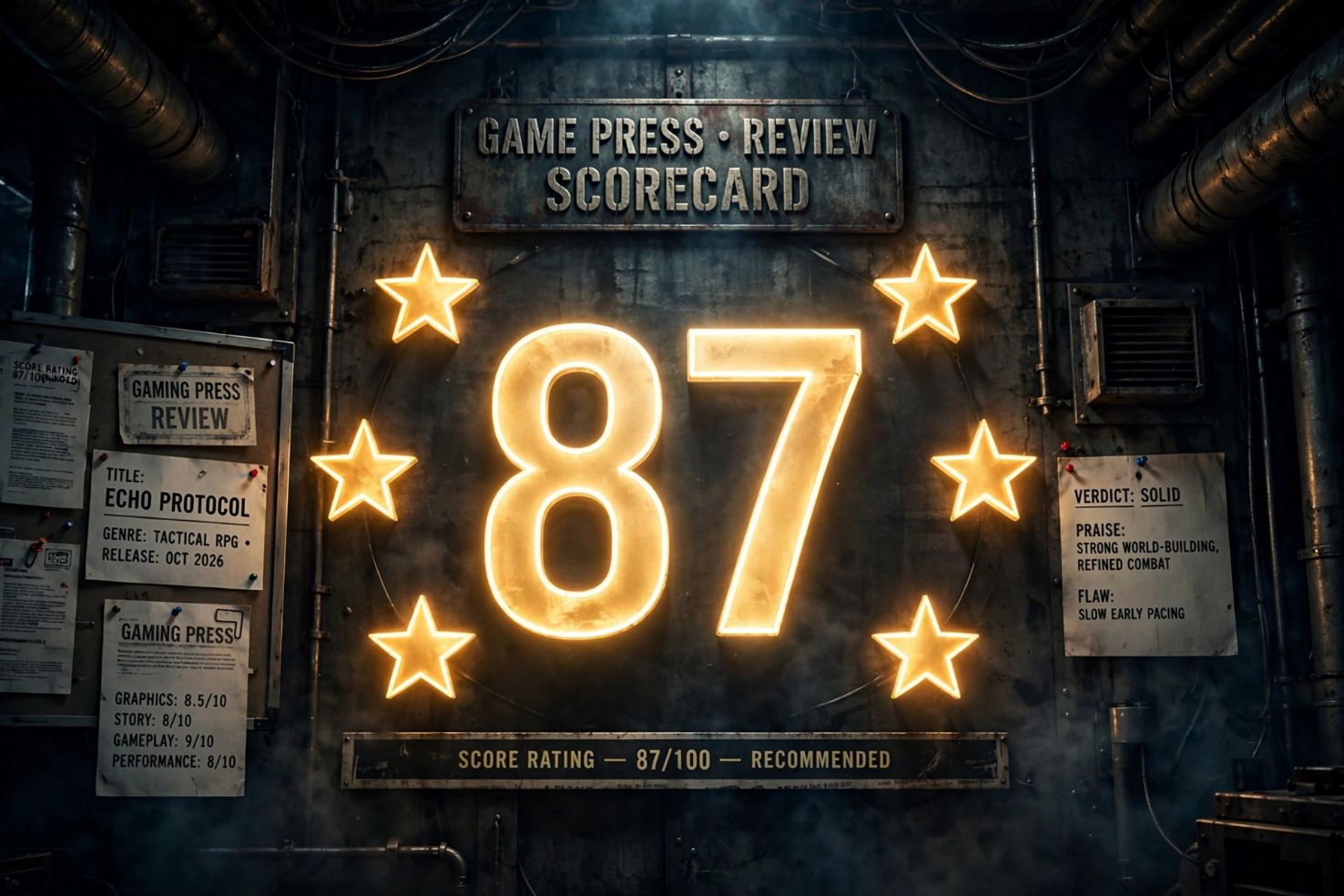 Bold '87' score visual rendered in a glowing neon style.