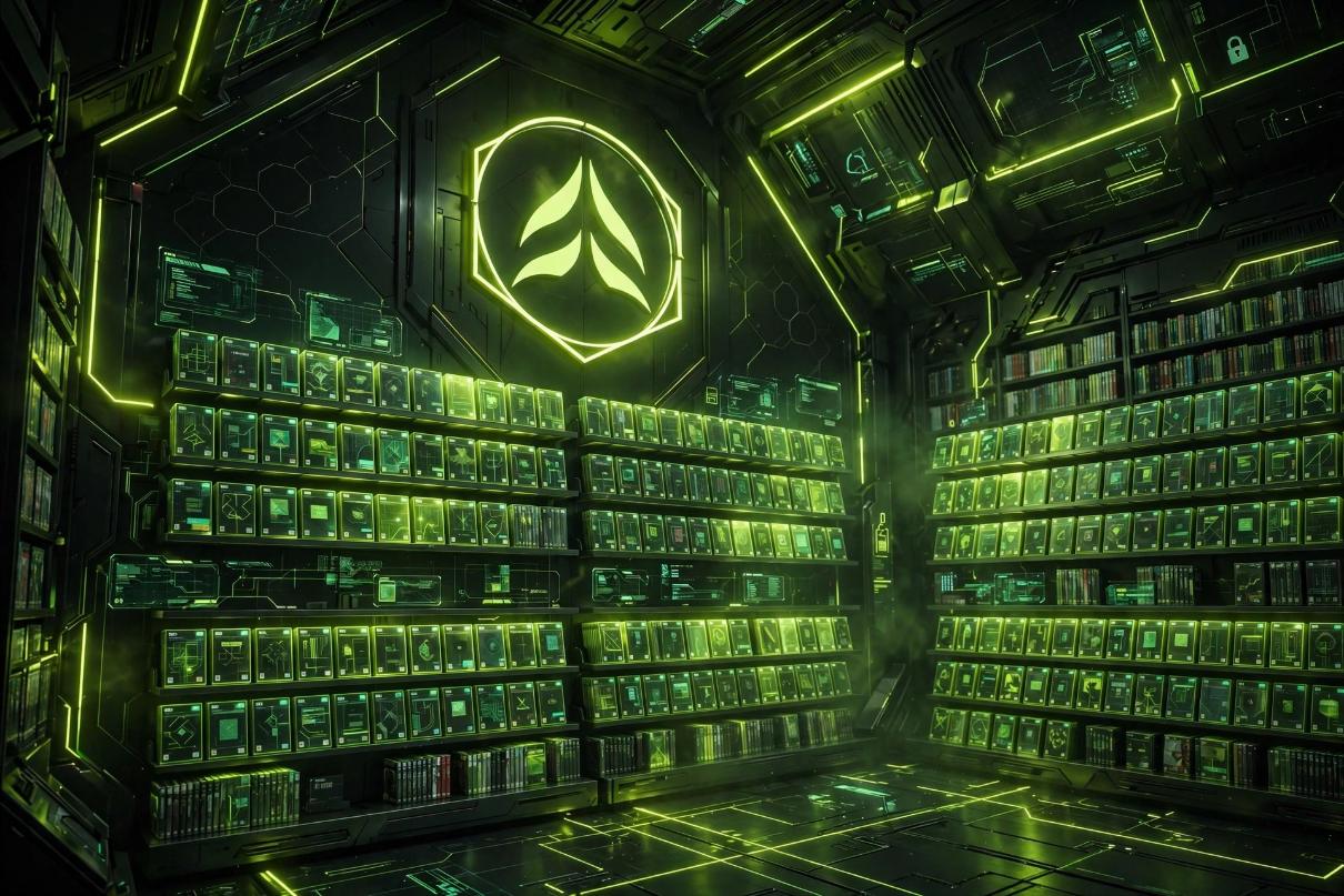 A vast glowing vault of game cases representing a subscription library; no real brand logos.