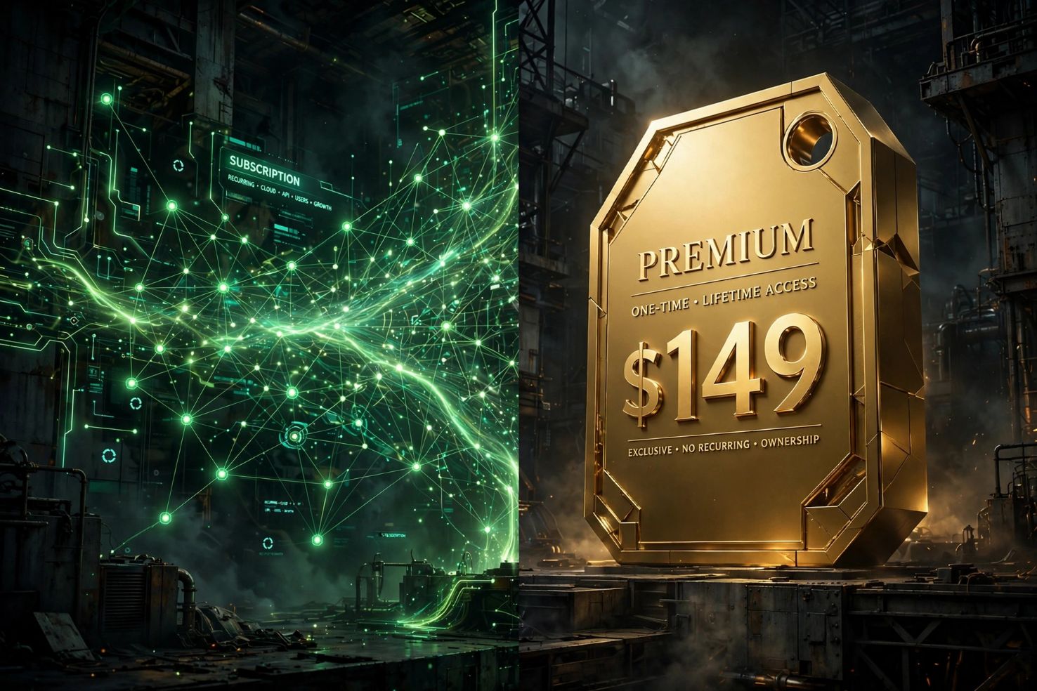 Split visual contrasting a subscription card against a premium price tag.