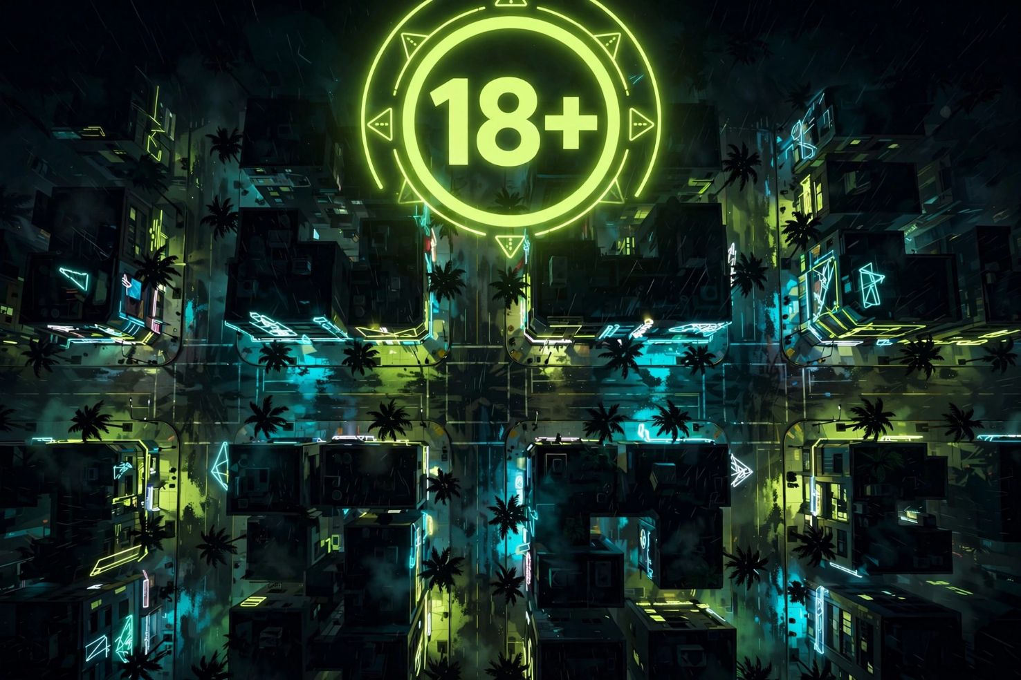 AI-generated artwork: neon-lit city street at night with a glowing 18+ age-rating badge in the sky.