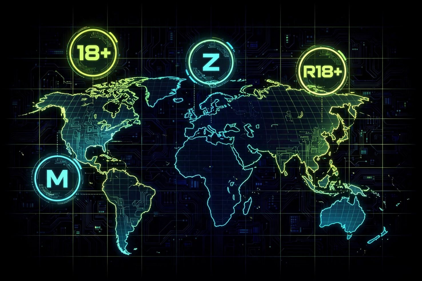 AI-generated artwork: glowing world map with age-rating badges over each continent.