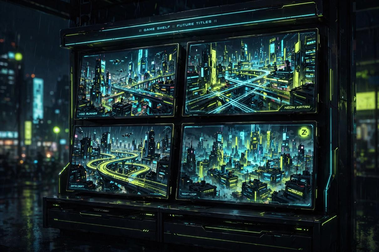AI-generated artwork: futuristic game-store display with a Z-mark style rating icon glowing.