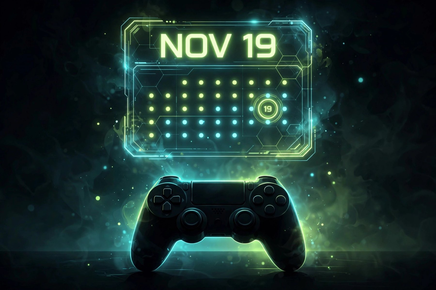 AI-generated artwork: calendar interface reading NOV 19 above a controller.