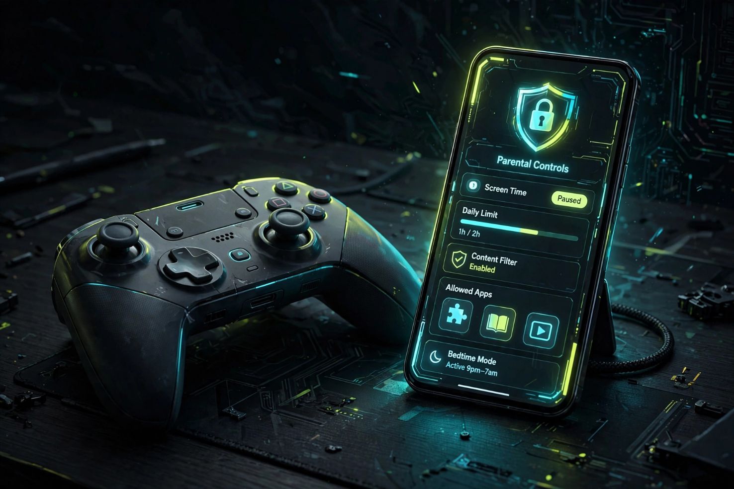 AI-generated artwork: controller beside a phone showing a parental-control dashboard.