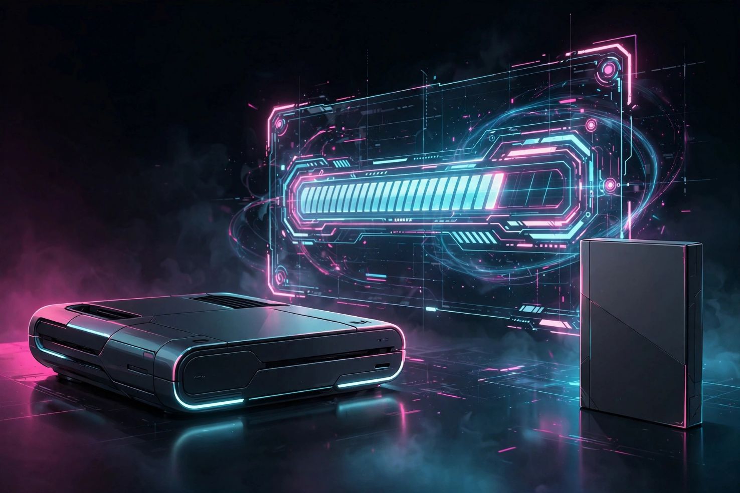 A modern game console beside a glowing download progress bar hologram, with a boxed game case nearby.