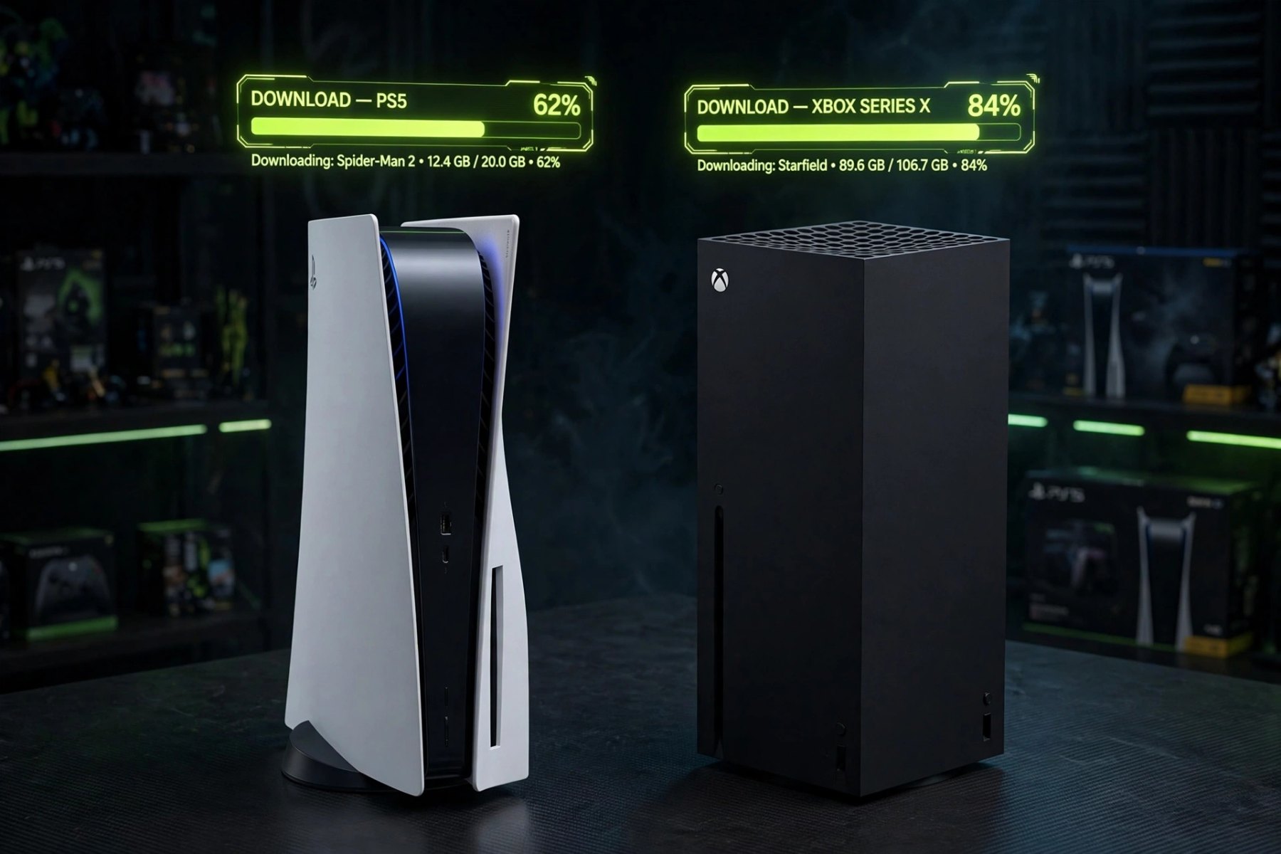 Illustrative AI-generated PS5 and Xbox Series X with neon download progress bars