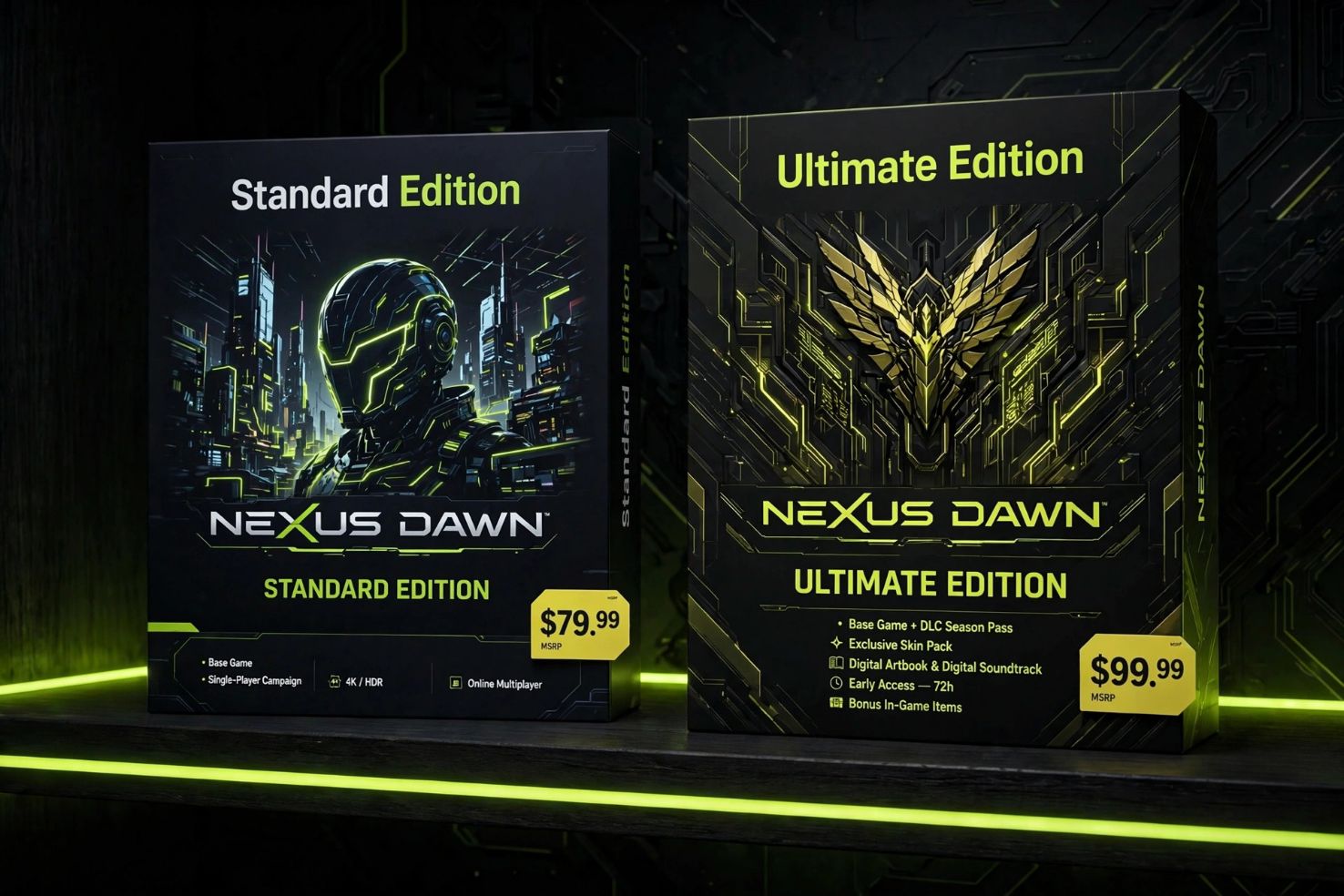Illustrative AI-generated Standard vs Ultimate edition boxes with price tags