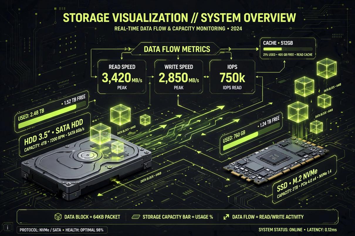 Illustrative AI-generated hard drive storage visualization with glowing data blocks