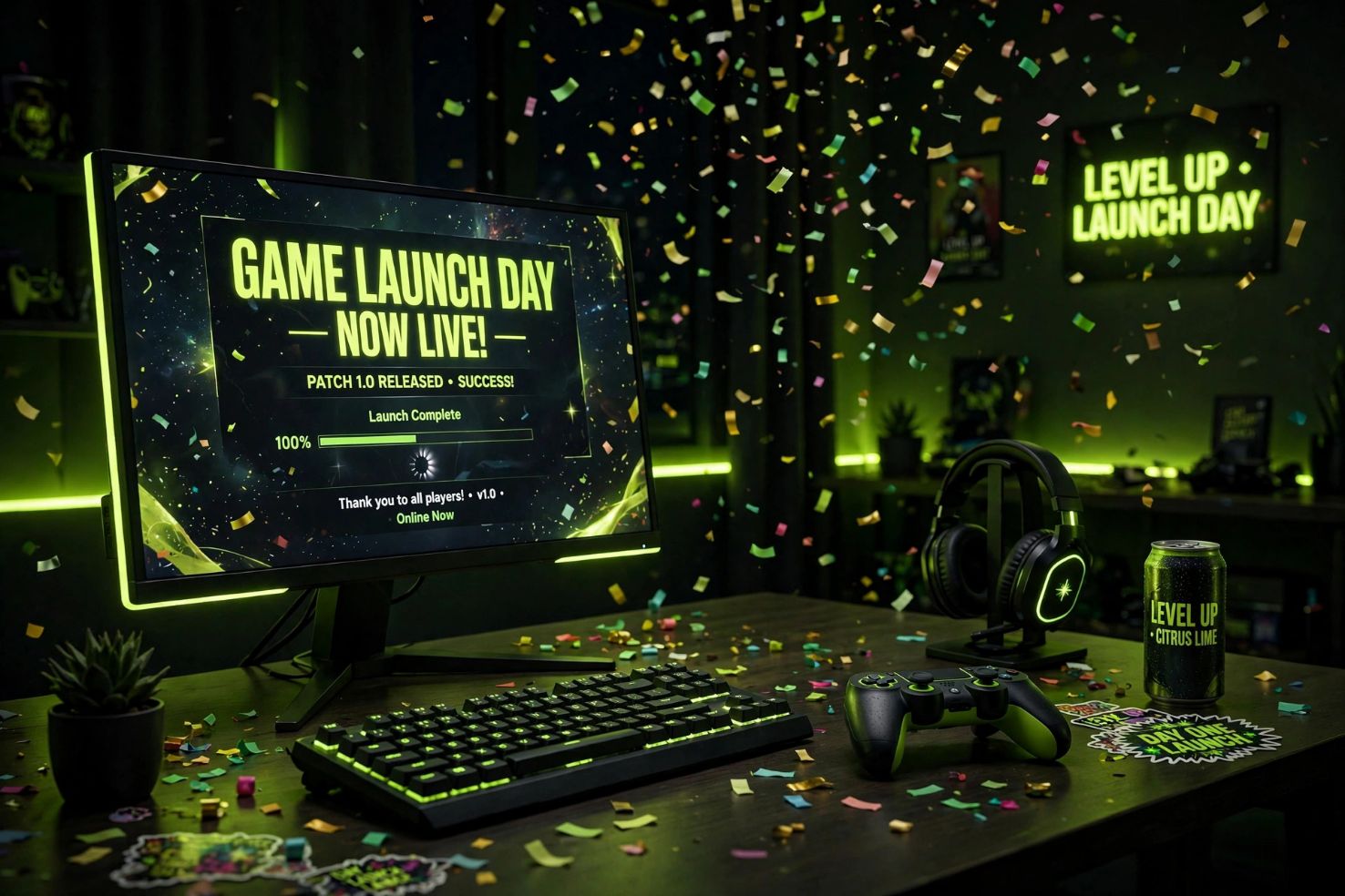 Illustrative AI-generated gaming setup at night with confetti and neon lighting