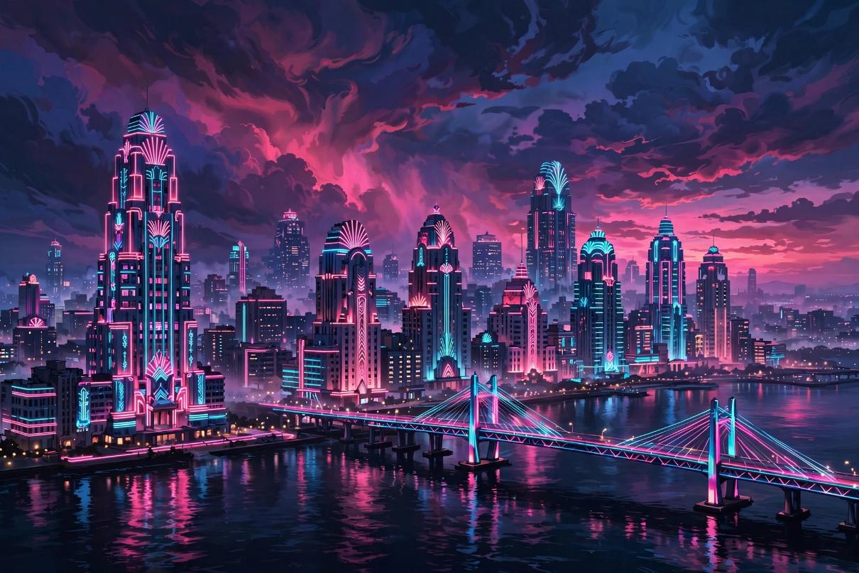 Illustrative artwork inspired by the GTA 6 launch trailer — Vice City skyline and neon signage at dusk
