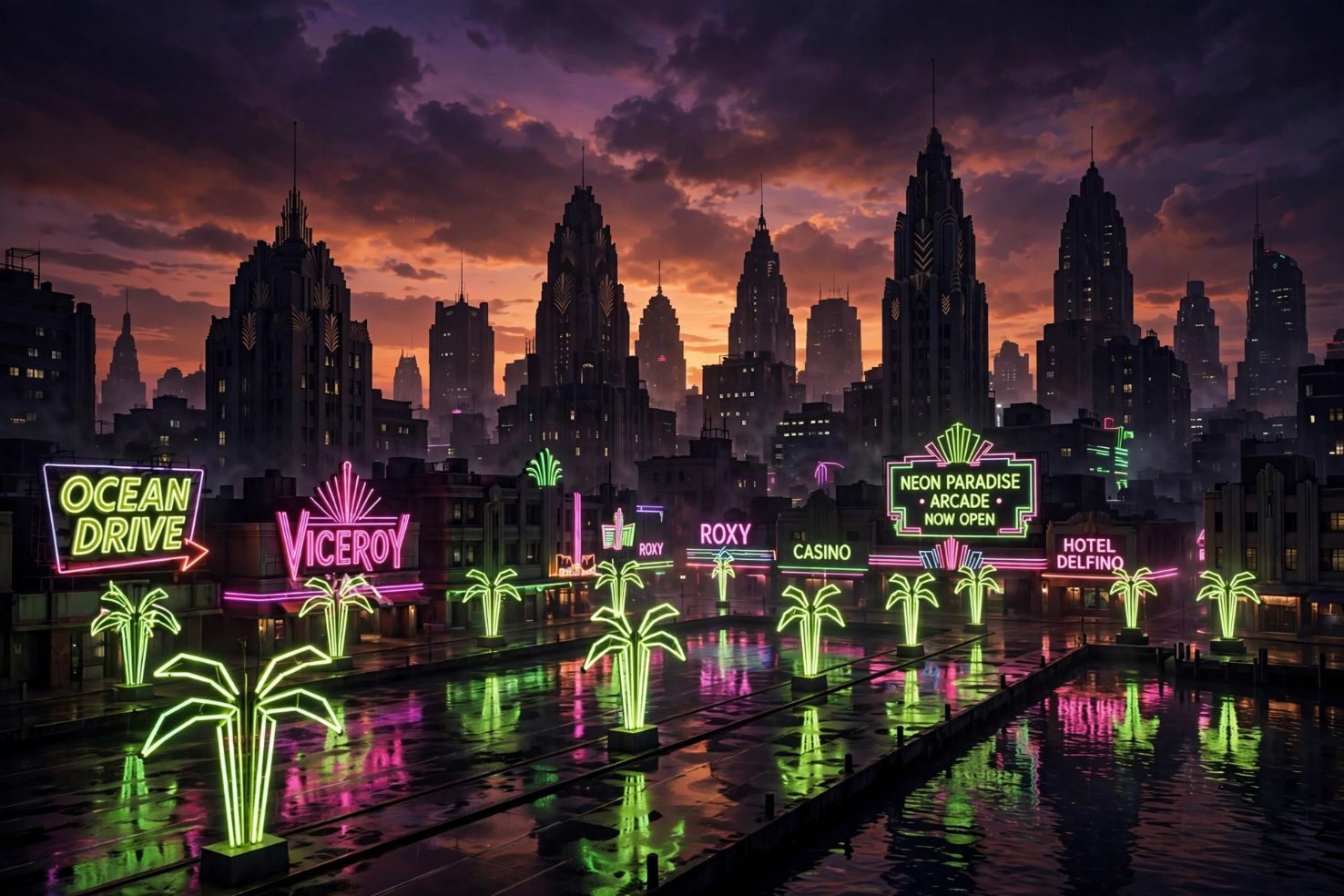Illustrative AI-generated artwork of a Vice City-inspired neon cityscape at dusk