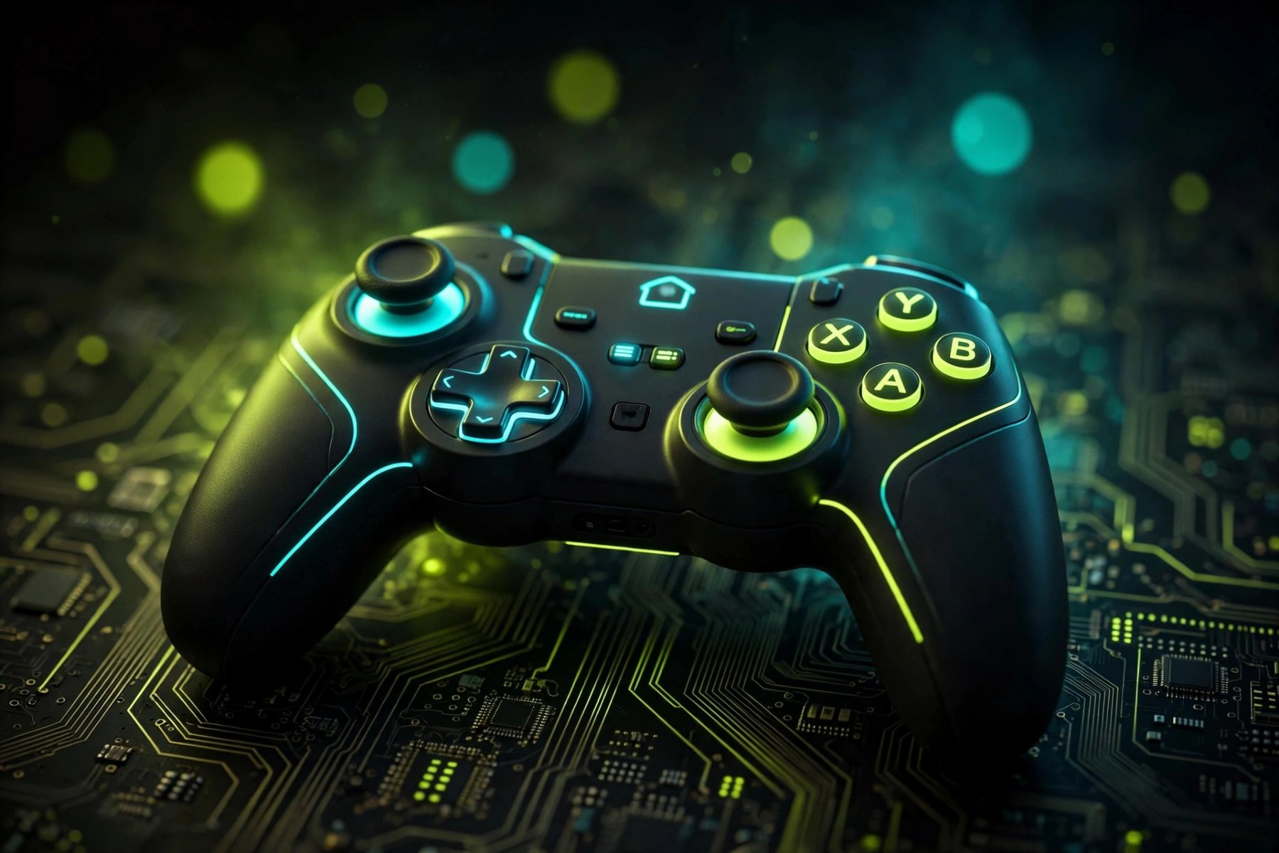 Illustrative AI-generated artwork of a game controller with neon lighting on a circuit-board background