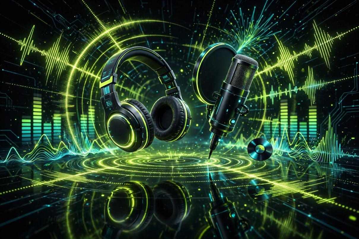 Illustrative AI-generated artwork of headphones and a studio microphone with glowing sound waves