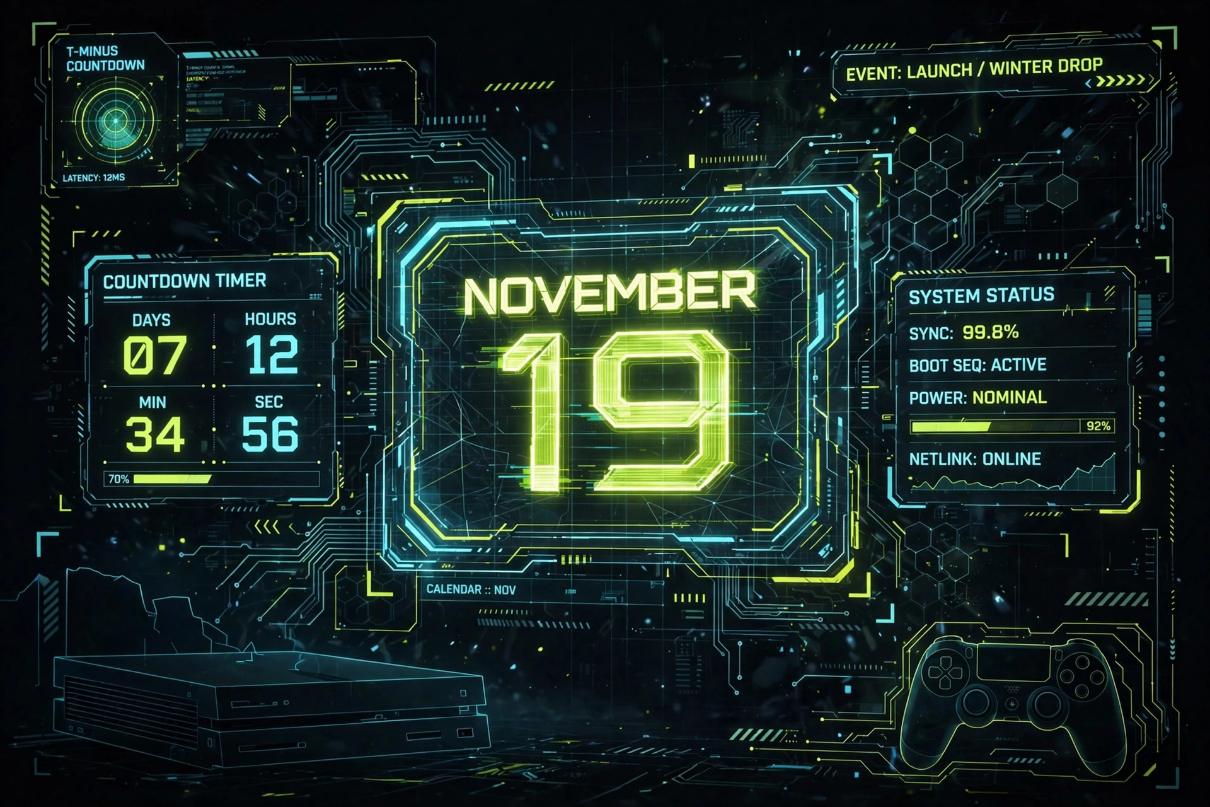 Illustrative AI-generated artwork of a November 19 digital countdown HUD