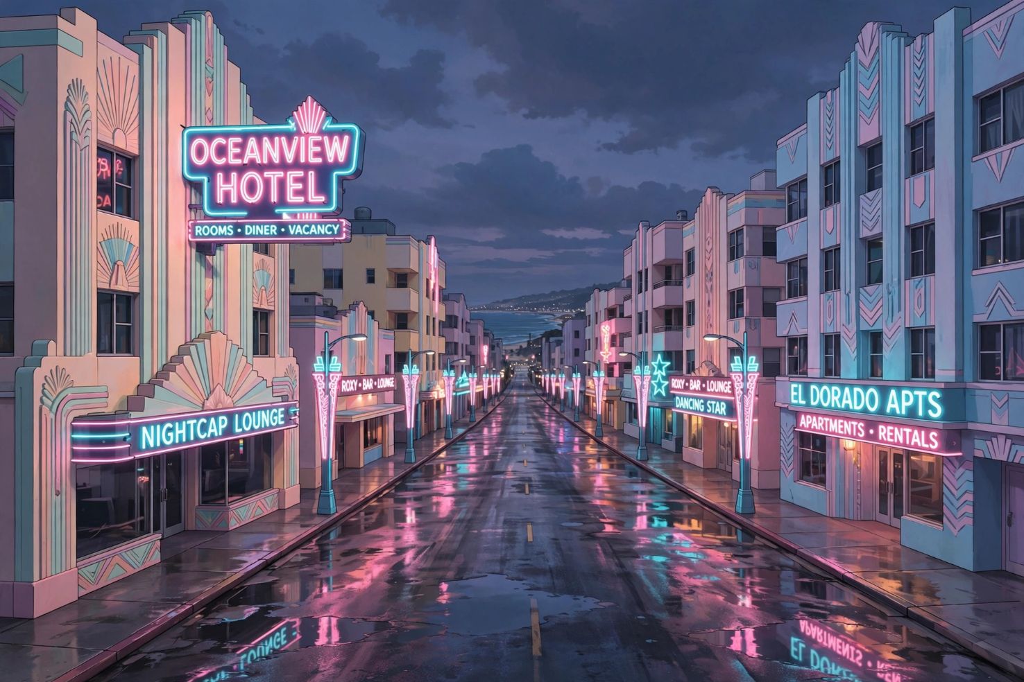 Illustrative artwork of an empty neon-lit coastal city street at dusk, with art-deco buildings and glowing signs reflected on wet asphalt.