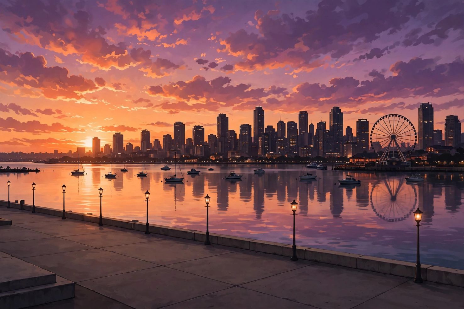 Illustrative artwork of a coastal city waterfront skyline at sunset, with high-rise towers, a Ferris wheel and boats at anchor.