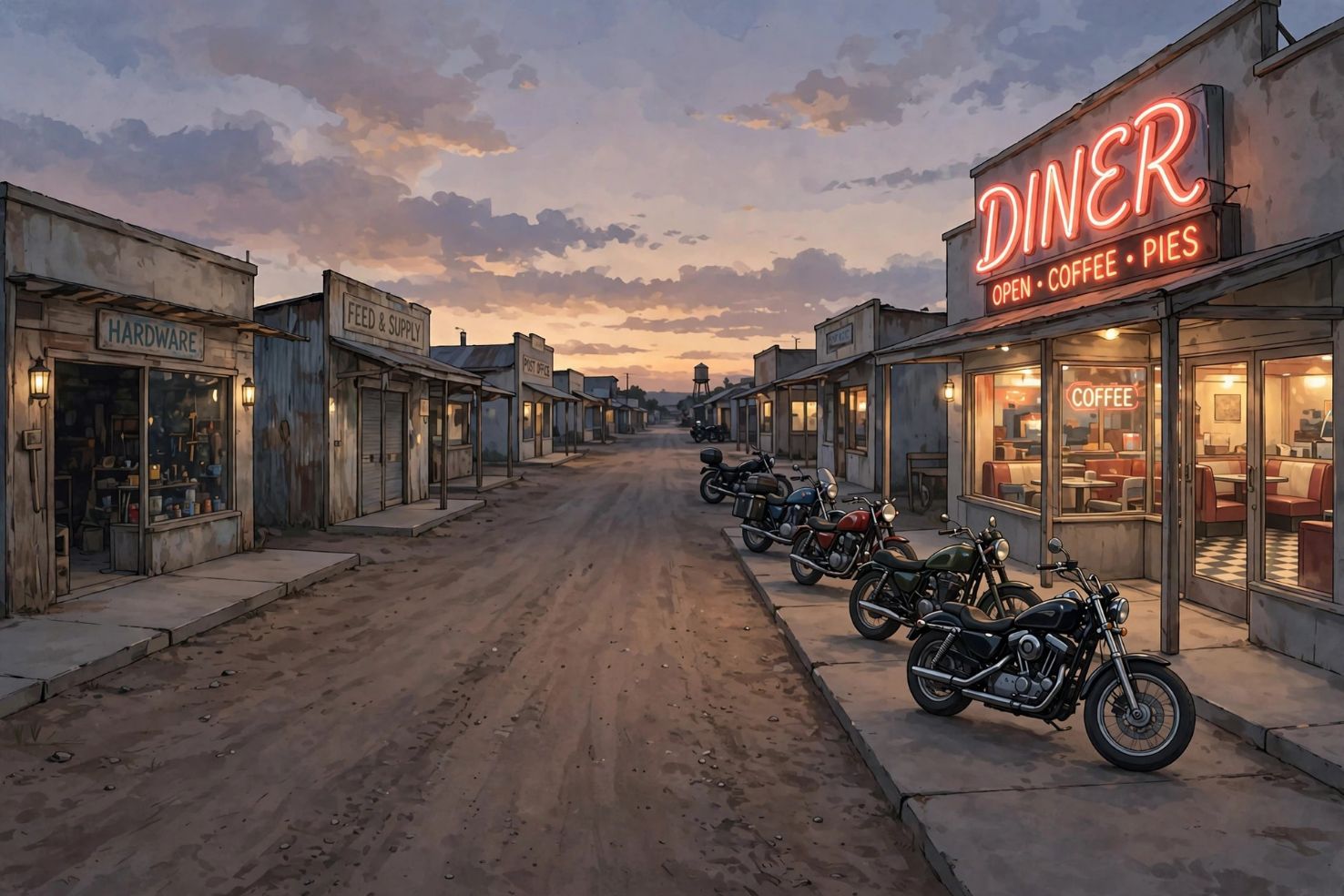 Illustrative artwork of a quiet rural small-town main street at dusk, with parked motorcycles and no riders.