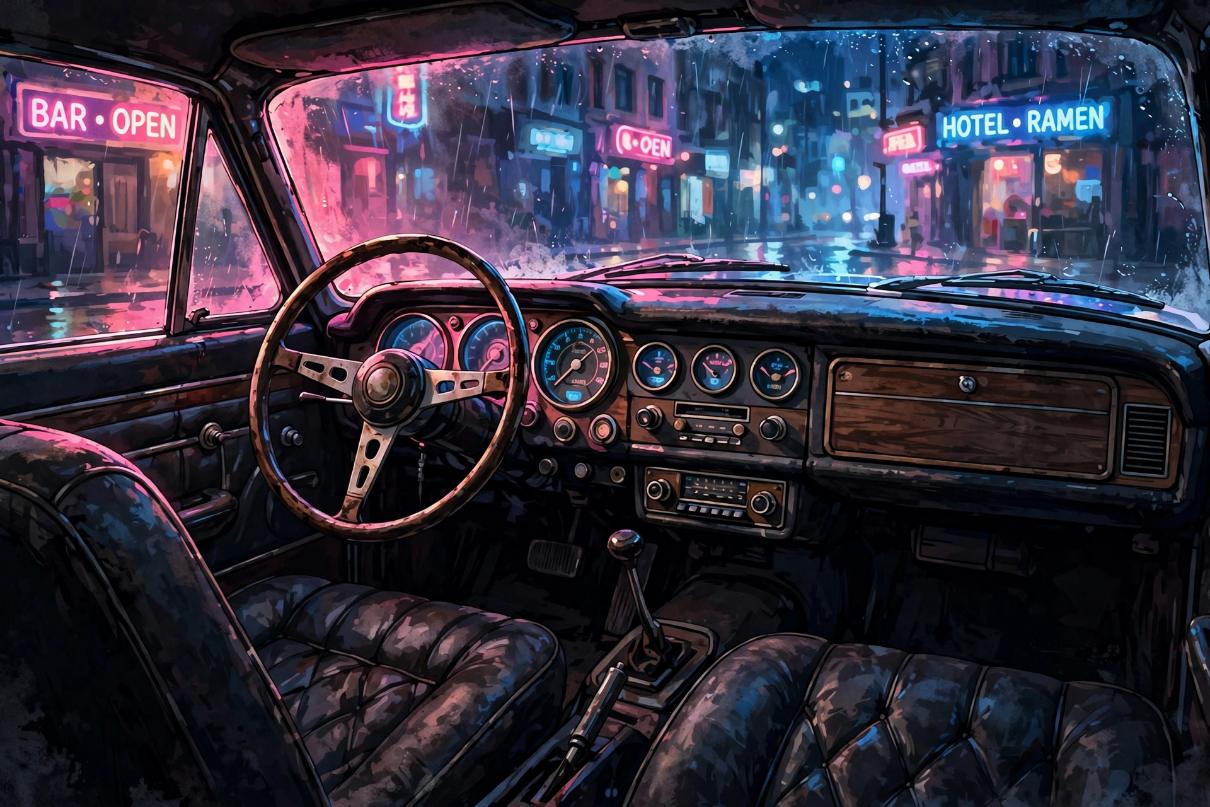 Illustrative artwork of an empty classic car interior at night, lit by neon glow through the windshield.