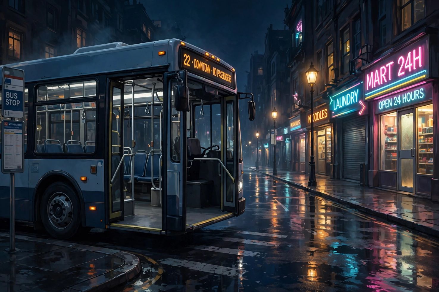 Illustrative artwork of an empty city bus waiting at a night bus stop, with neon shopfronts reflected on wet asphalt.