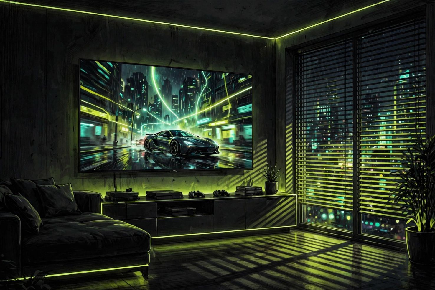 A dark living room with a glowing TV screen airing a crime-caper trailer, neon city light spilling through the blinds.