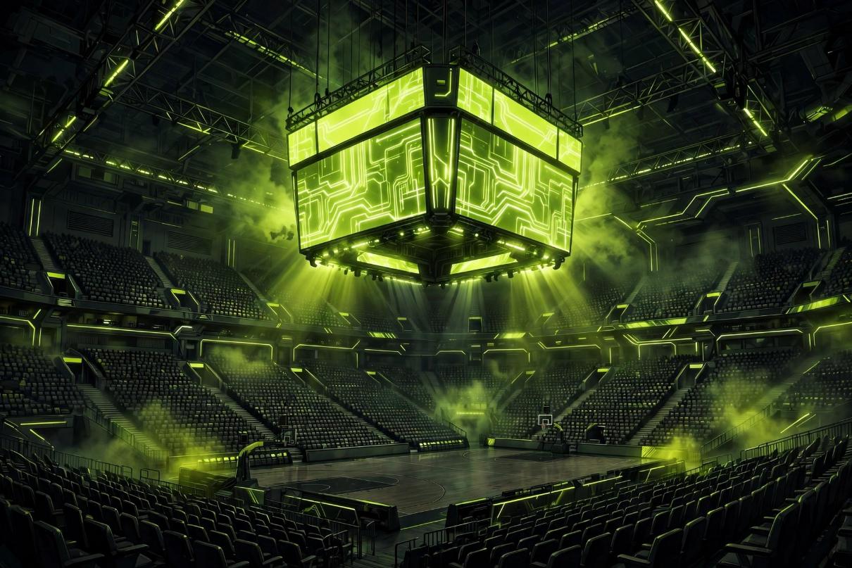 An empty dark basketball arena with a giant jumbotron glowing lime green.