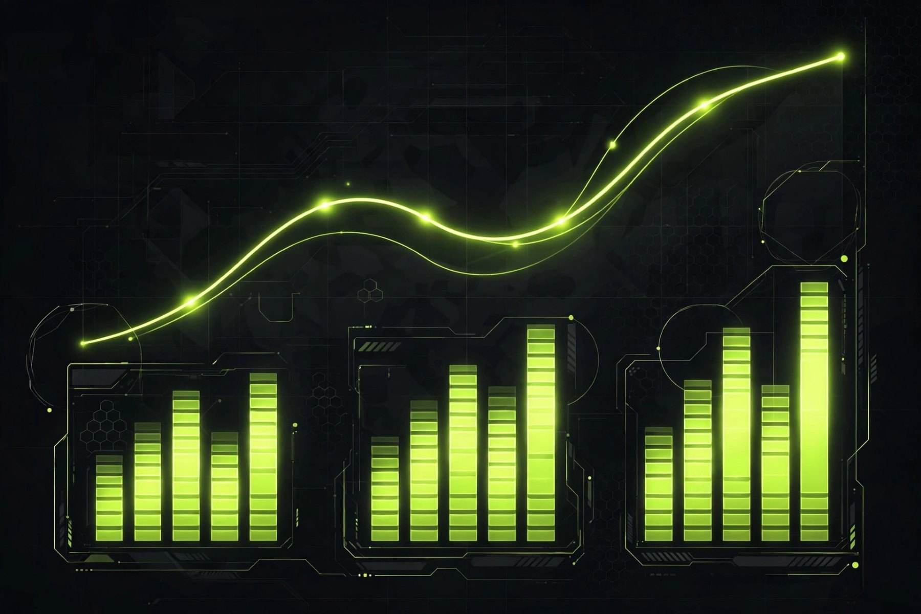 A dark dashboard with a rising neon-lime revenue graph and stacked platform bars labelled only as illustrative.