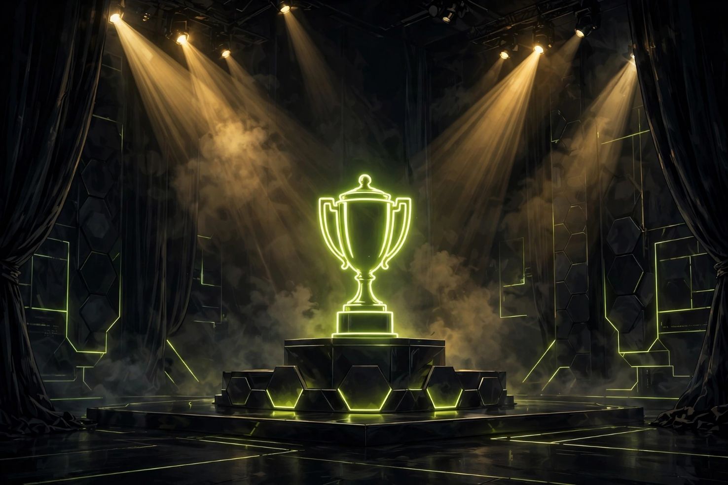 An empty dark awards stage with a golden spotlight and a neon-lime trophy silhouette.