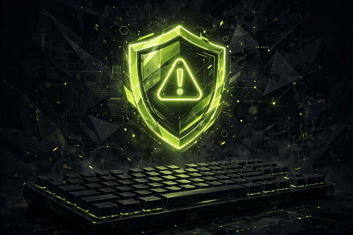 A glowing shield icon with a warning triangle floating above a dark keyboard, lime and graphite tones.
