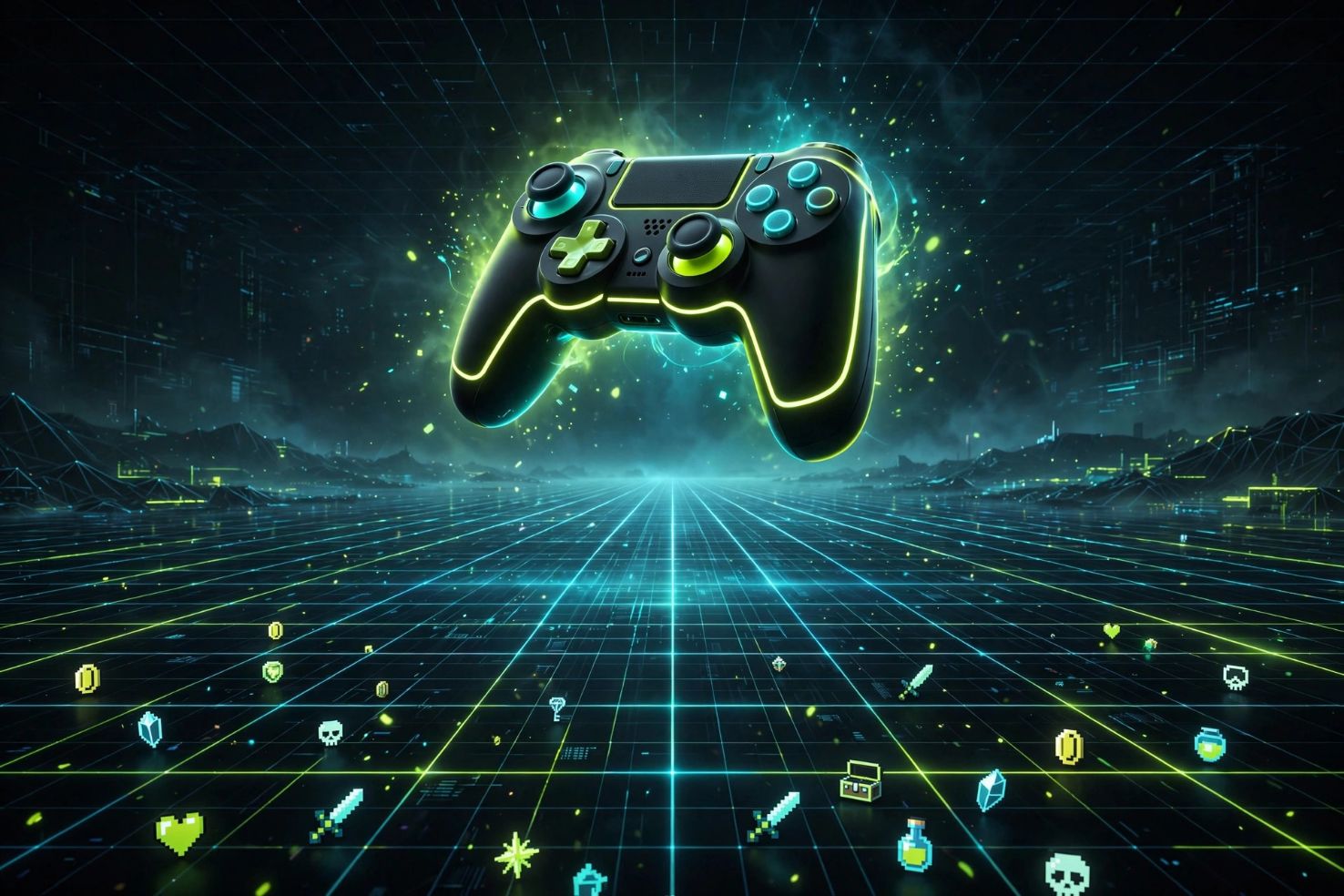 A glowing neon-lime game controller floating above a dark digital arcade floor with glowing grid lines stretching to the horizon.