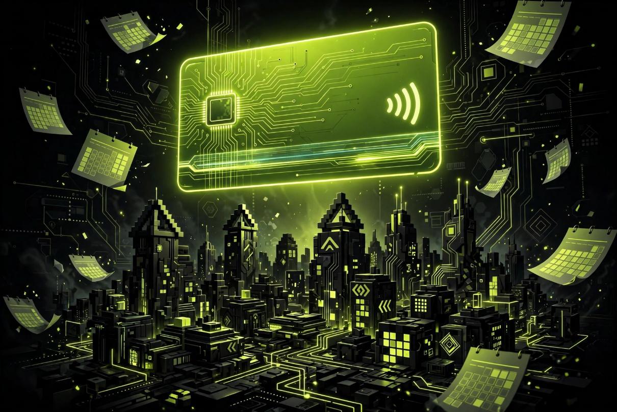 A glowing lime-green membership card hovering above a dark pixel-art cityscape, floating calendar pages around it.