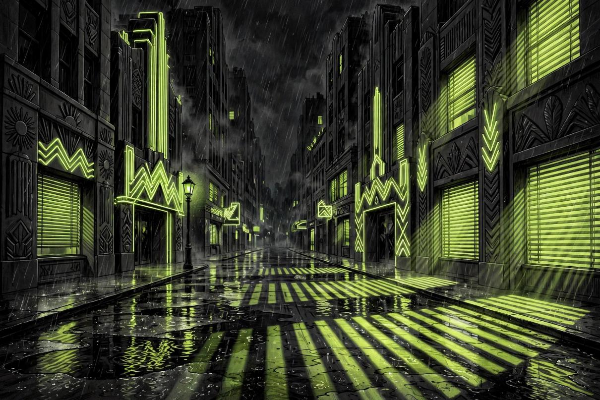 An empty rain-soaked art-deco city street at night with lime-green neon signs and a lone street lamp.