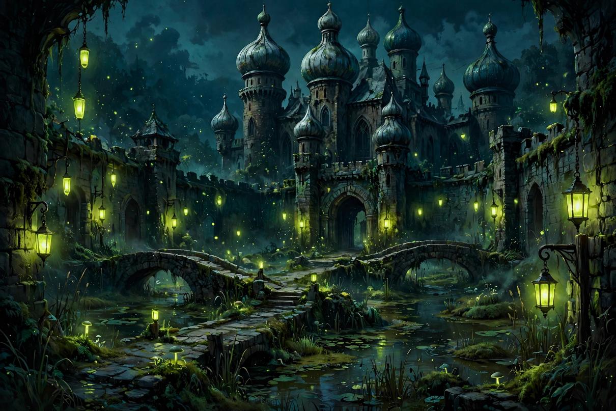 A fairytale castle courtyard at dusk with onion domes, stone bridges, and glowing lime-green lanterns.