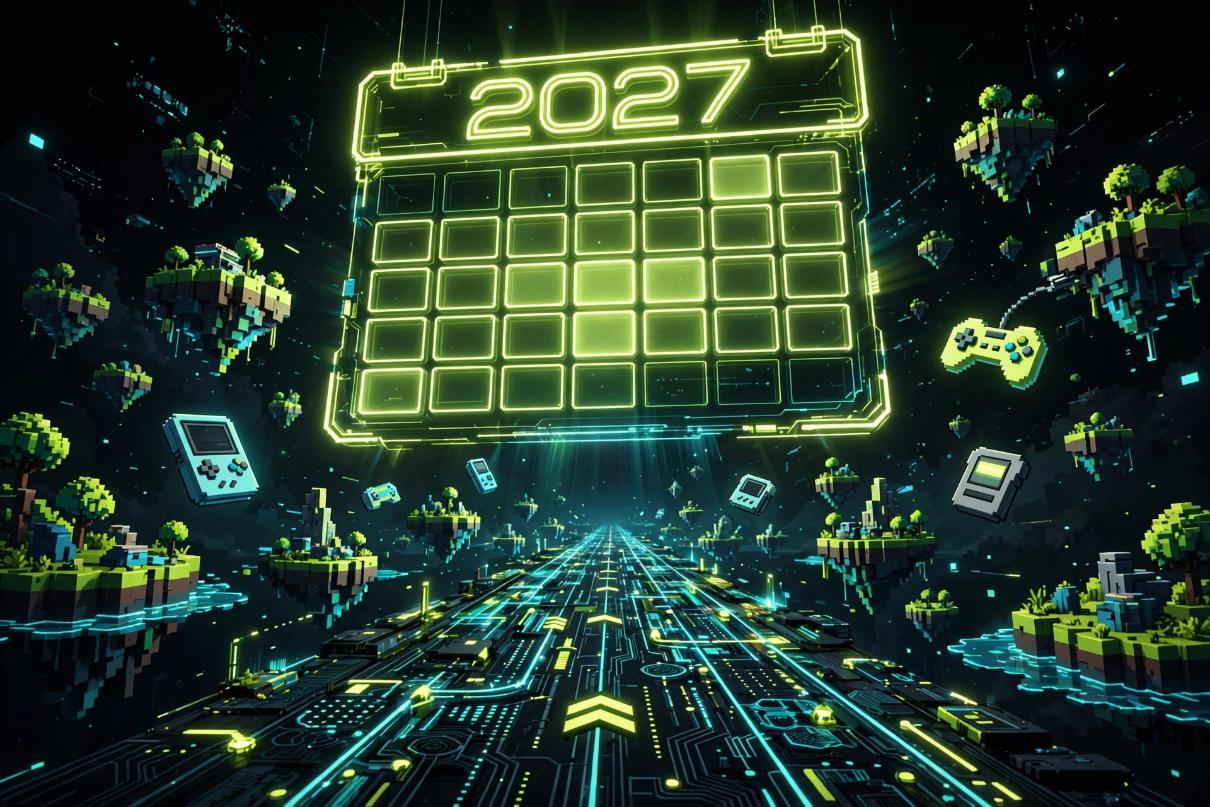 A giant glowing neon 2027 calendar made of light above a dark digital roadmap with floating pixel-game islands.