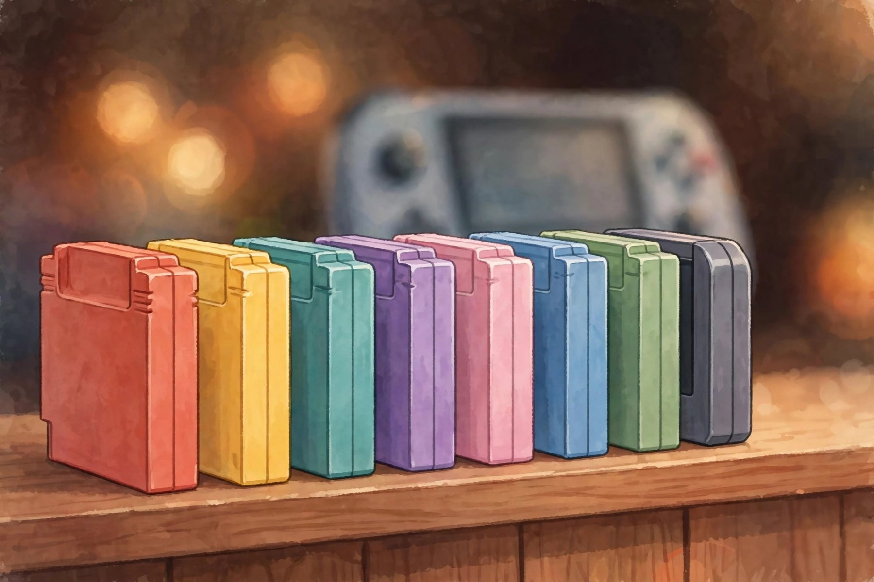 A row of colourful game cartridges lined up on a wooden shelf, photographed from a slight angle.